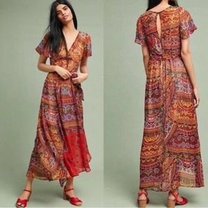 ANTHROPOLOGIE Akemi + Kin Murol Boho Festival Floral Maxi Dress Red sz 6 paisley